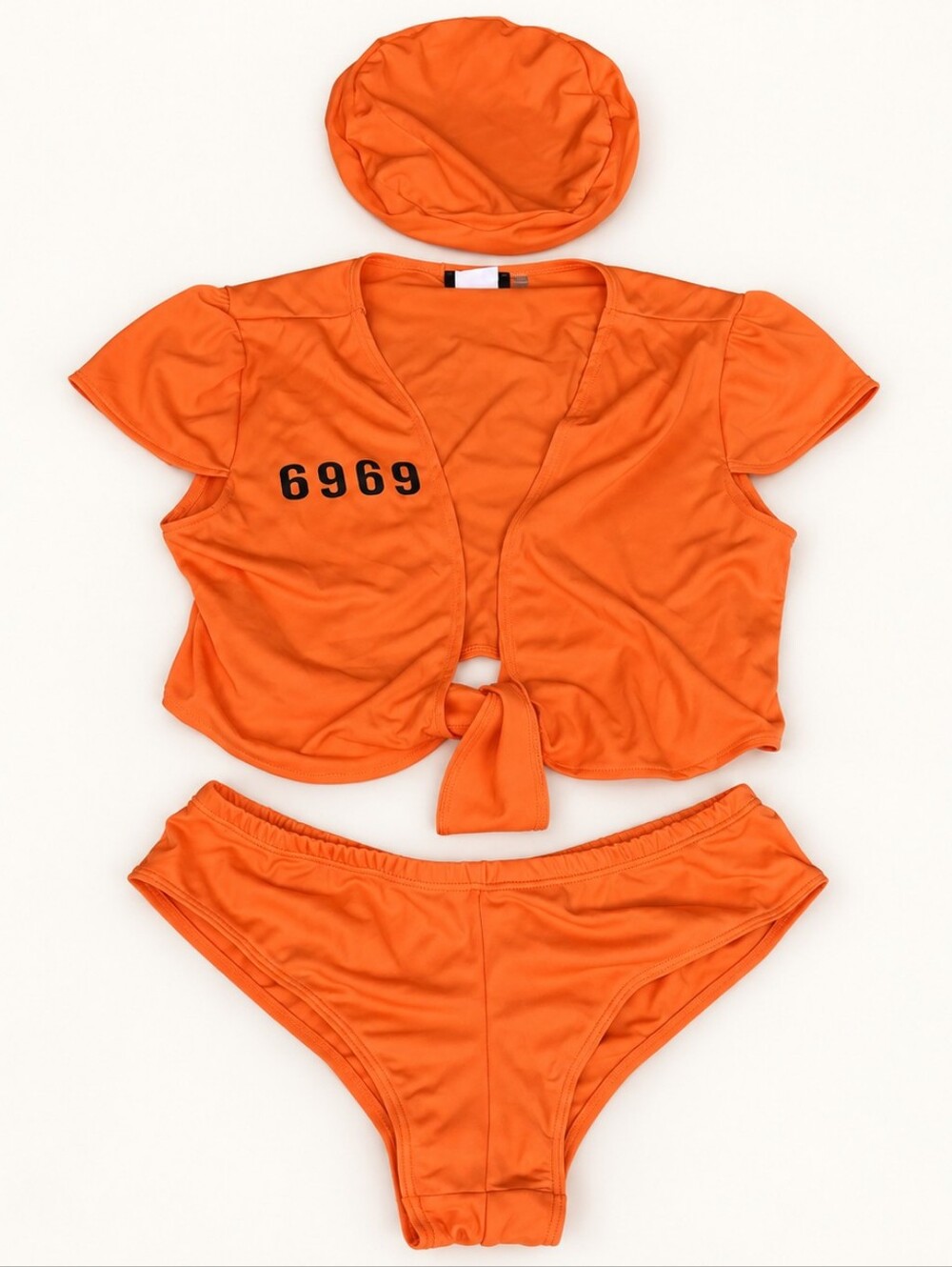 Dreamgirl Orange Prisoner Costume 3 Piece Tie Front Top Bottoms Hat #0433